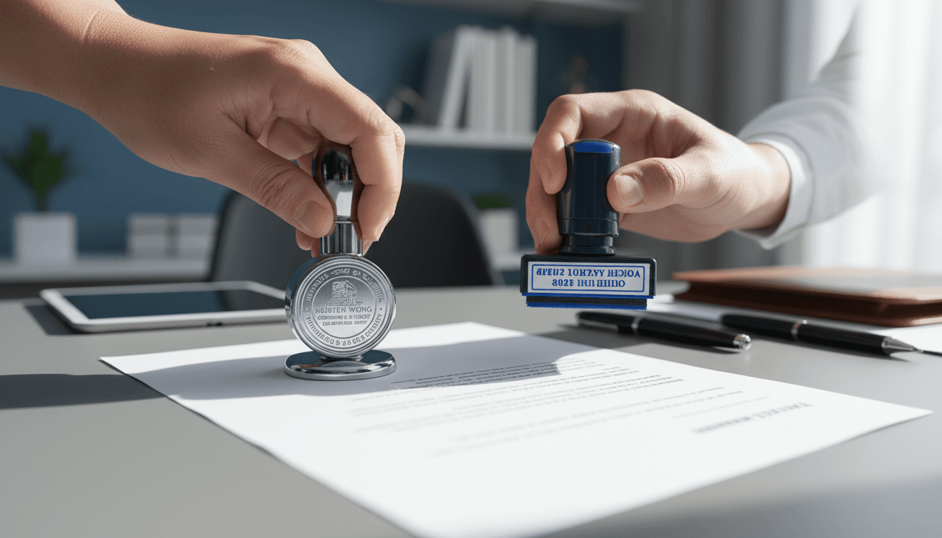 Notary seal and stamp being applied to official document