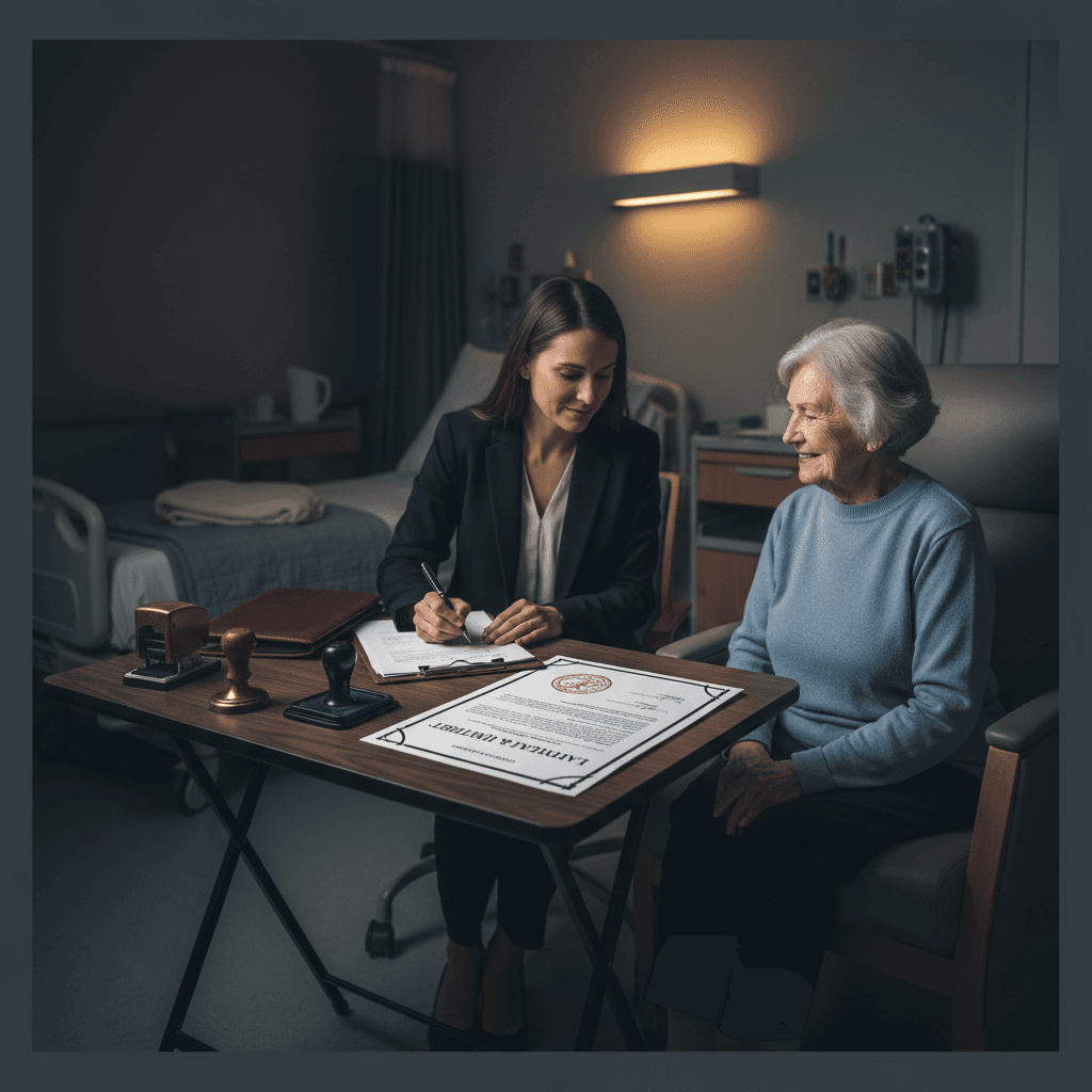 Mobile notary providing services at hospital bedside