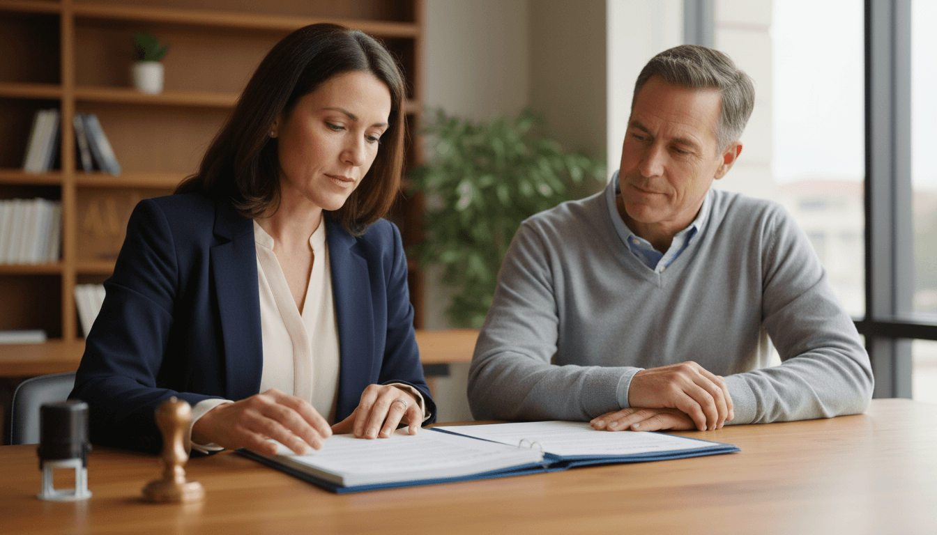 Notary public and client reviewing signed documents at table