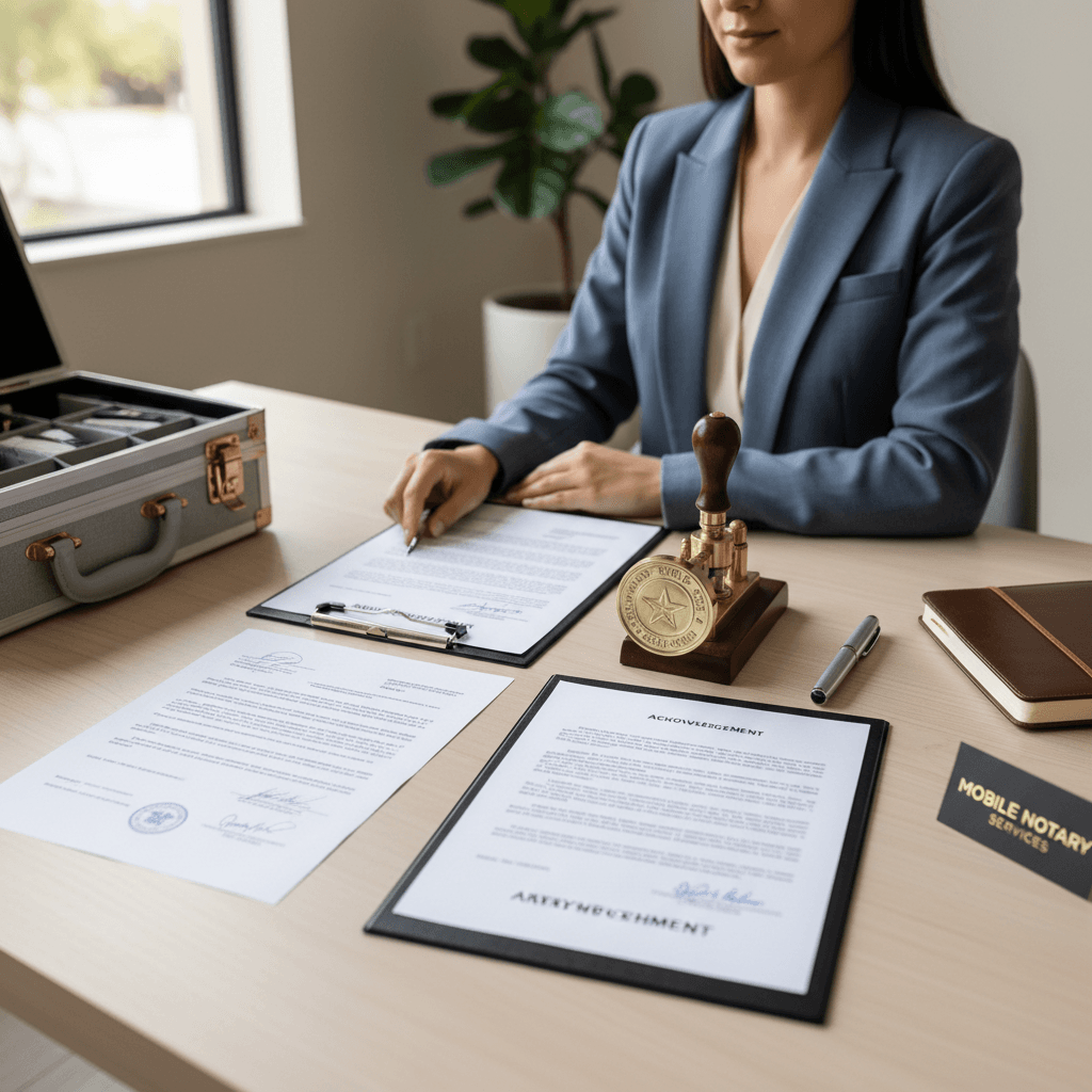 Organized notary workspace with official documents and seal