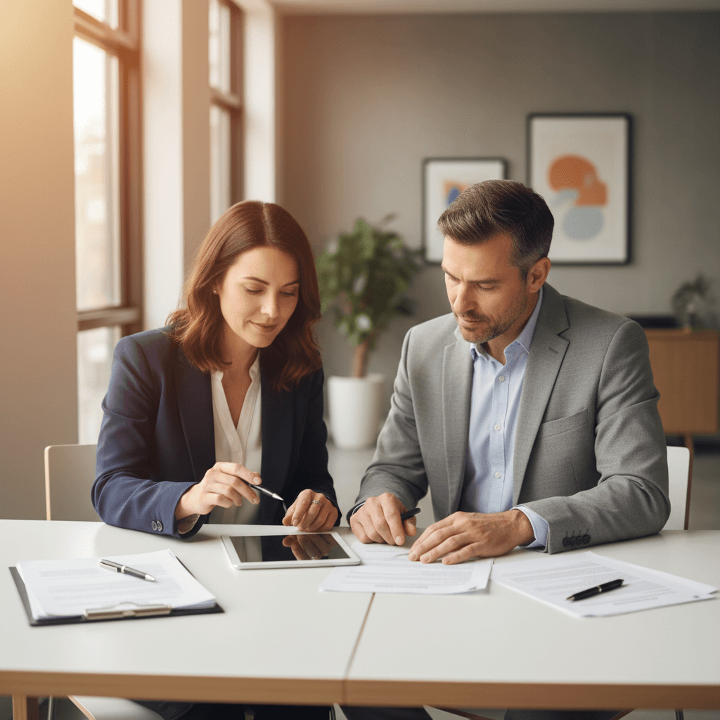 Notary reviewing documents with client