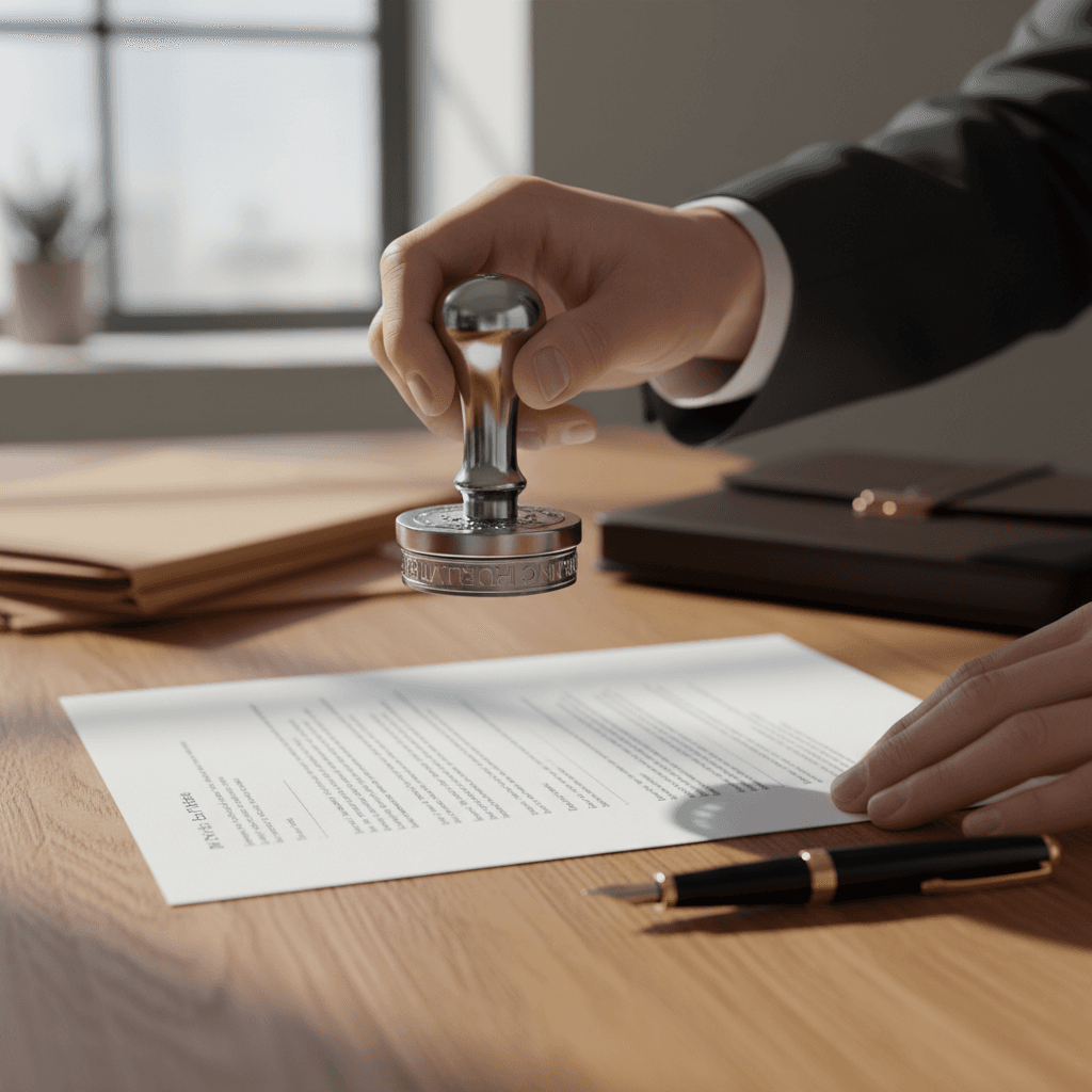 Mobile notary holding official seal and completed signed document