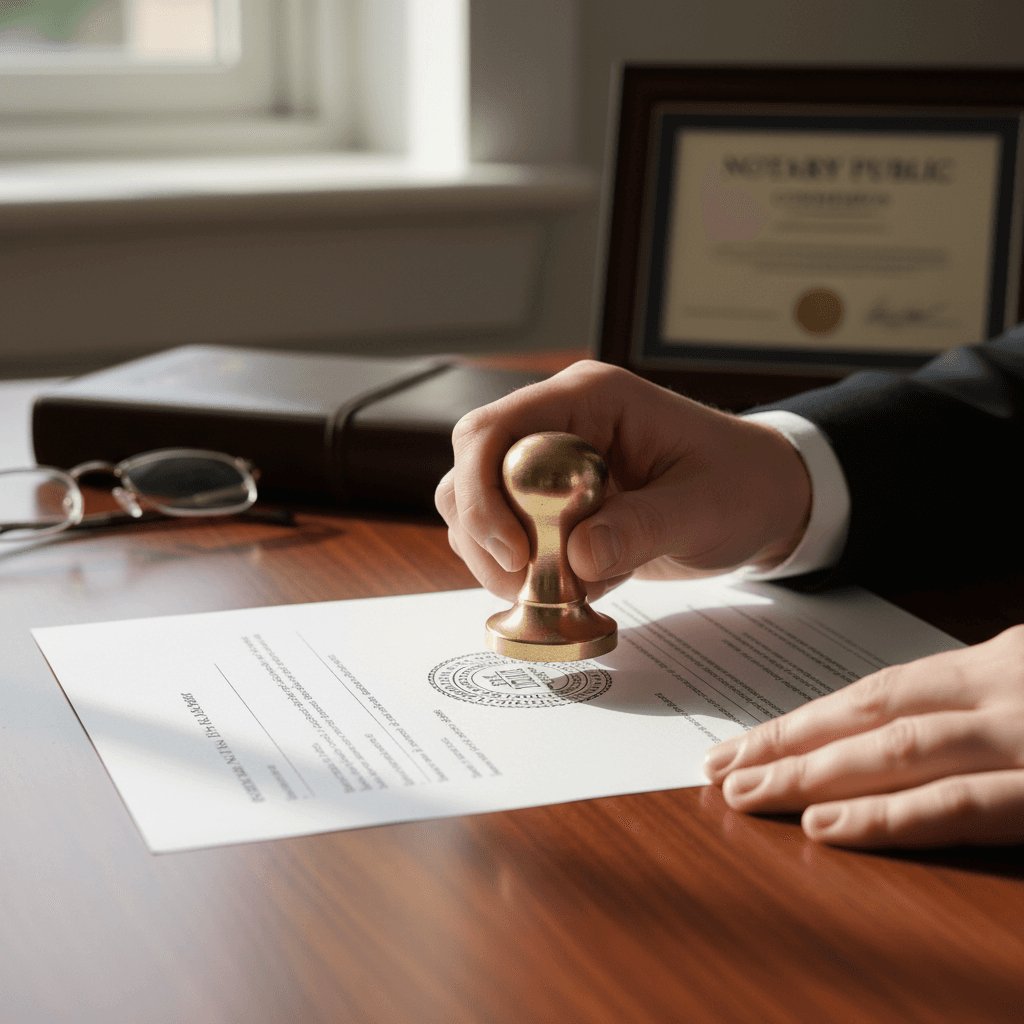 Professional notary reviewing and stamping official documents on a desk