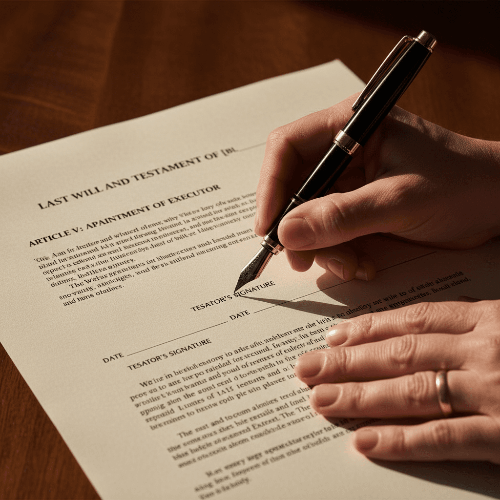 Close-up of a client signing a notarized document with pen
