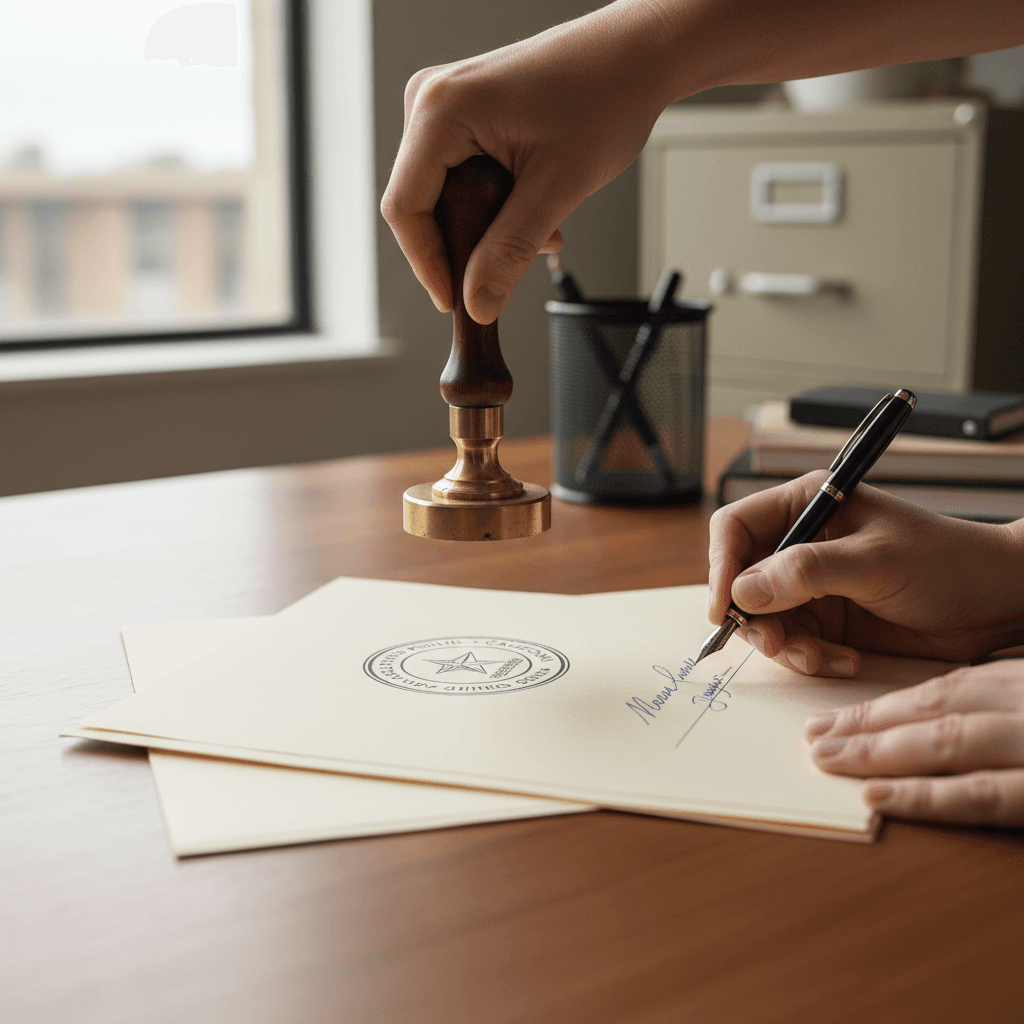 Notary public witnessing and signing official documents